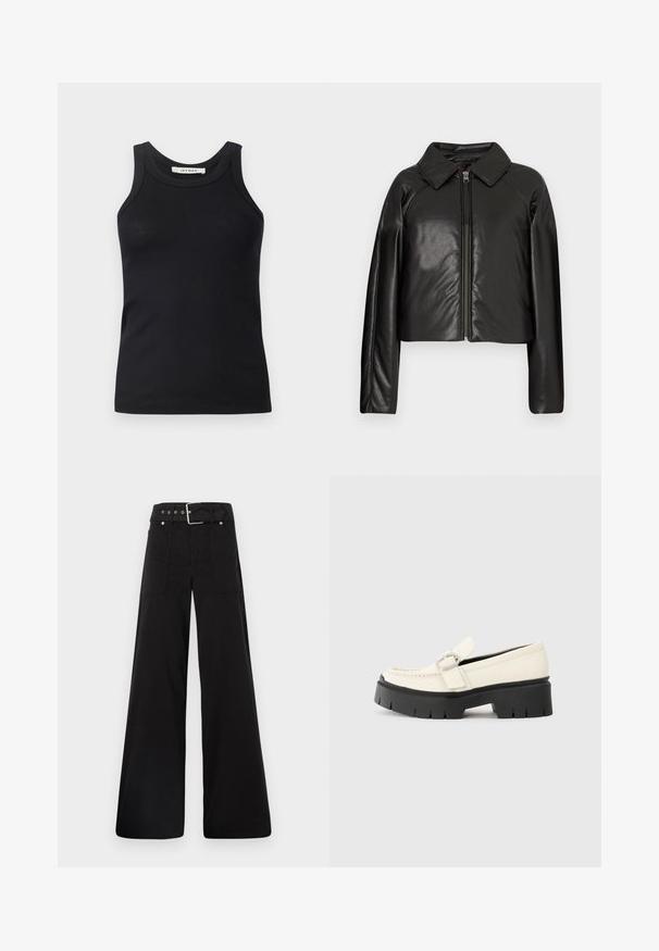 Svart, imitert skinn, cropped jakke med krage og glidelås. Har lange ermer og en jevn, glinsende overflate.; Svart ribbet tank topp med rund halslinning og brede stropper, laget av myk stoff. Ingen synlige mønstre eller maskinvare detaljer.; Sorte vidde bukser laget av bomull, med høy midje, store sidelommer og belte med sølv detaljer.; Hvit skinnloafers med tykk svart plattformsåle, utstyrt med en rektangulær sølvspenne og synlige sømdetaljer på oversiden.