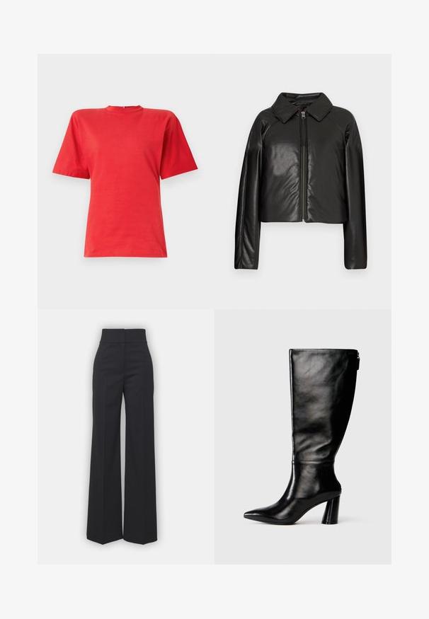 Svart, imitert skinn, cropped jakke med krage og glidelås. Har lange ermer og en jevn, glinsende overflate.; Kortermet rød t-skjorte laget av glatt stoff, med rund hals og avslappet passform. Enkel design uten mønstre eller detaljer.; Bredde benbukser i svart stoff med høy midje, med en ren finish og glatt tekstur. Ingen synlige detaljer eller mønstre.; Knæhøye svarte lærstøvler med spiss tå, glatt tekstur og tykk hæl. Har glidelåsdetalj på baksiden.
