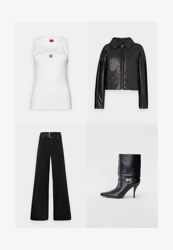 Black faux leather cropped jacket with a collared neckline and zip closure. Features long sleeves and smooth, glossy texture.; White tank top made of cotton, features a simple design with a rounded neckline and black "HUGO" logo at the center. Smooth texture.; Black wide-leg trousers made from cotton, featuring a high waist, large side pockets, and a belted waist with silver hardware accents.; Black leather ankle boot with a pointed toe, high stiletto heel, fold-over cuff, and a gold decorative buckle detail on the ankle.
