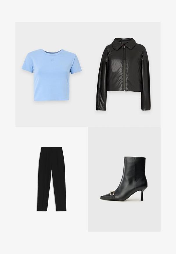 Black faux leather cropped jacket with a collared neckline and zip closure. Features long sleeves and smooth, glossy texture.; Light blue cropped t-shirt made from soft cotton, featuring short sleeves and a round neckline. "HUGO" logo embossed on the front.; Black trousers with a straight fit, featuring double pleats, a smooth texture, and a classic waistband design. No visible hardware or accents.; Black leather ankle boot with pointed toe, slim mid-height heel, and silver buckle detail on side against plain background.