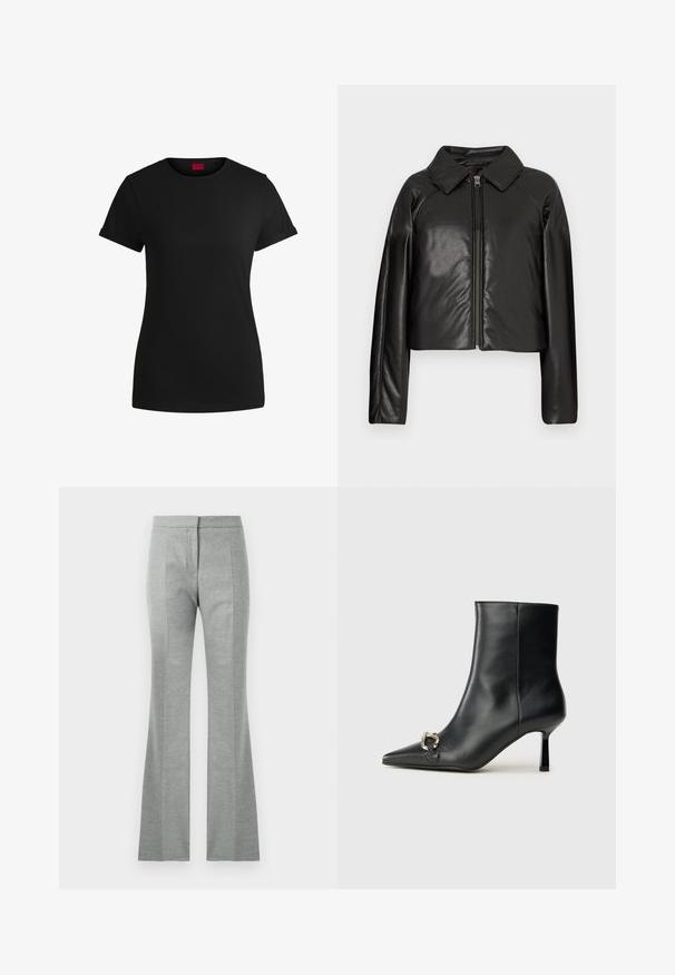 Schwarze Kunstleder-Cropped-Jacke mit Kragen und Reißverschluss. Mit langen Ärmeln und glatter, glänzender Textur.; Schwarzes Baumwoll-T-Shirt mit kurzen, aufgerollten Ärmeln, rundem Halsausschnitt und rotem Etikett. Glatte Textur, taillierte Form mit minimalen Details.; Grau ausgestellte Hose mit vertikalen Nähten, aus einem weichen, strukturierten Stoff gefertigt. Besitzt einen enganliegenden Taillenbund und eine glatte Oberfläche.; Schwarze Leder-Stiefelette mit spitzer Zehe, schlankem, mittelhohem Absatz und silberner Schnalle seitlich vor einem schlichten Hintergrund.