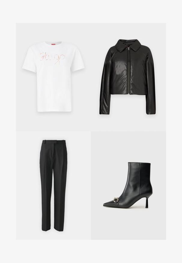 Chaqueta corta de imitación piel negra con cuello con solapa y cierre de cremallera. Presenta mangas largas y una textura suave y brillante.; Camiseta de algodón blanca con un logo "Hugo" en cursiva y en rosa dorado brillante en la parte delantera. Cuello redondo estándar y mangas cortas.; Pantalones negros ajustados hechos de tejido ligero, con un corte recto, frente plano y trabillas para cinturón. Textura suave sin patrones visibles.; Botín negro de cuero hasta el tobillo con punta afilada, tacón delgado de altura media y detalle de hebilla plateada en el lateral, sobre un fondo liso.