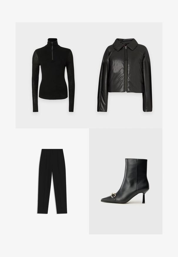 Black faux leather cropped jacket with a collared neckline and zip closure. Features long sleeves and smooth, glossy texture.; Black fitted long-sleeve shirt with high collar and half-zip front on plain white background.; Black trousers with a straight fit, featuring double pleats, a smooth texture, and a classic waistband design. No visible hardware or accents.; Black leather ankle boot with pointed toe, slim mid-height heel, and silver buckle detail on side against plain background.