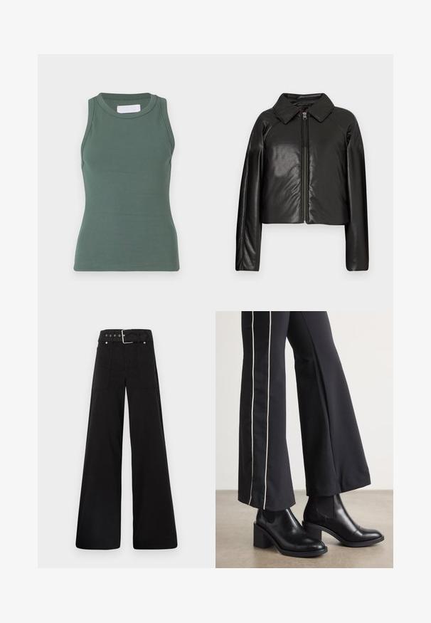 Sort kunstlæder cropped jakke med krave og lynlåslukning. Har lange ærmer og en glat, blank tekstur.; Grøn ribbet tanktop med rund halsudskæring og ærmeløs design. Lavet af strækbart bomuldsstof, med en tætsiddende pasform og glat tekstur.; Sorte brede bukser lavet af bomuld, med høj talje, store sidelommer og en bæltestrop med sølvfarvede detaljer.; Sorte læder ankelstøvler med blokhæle, udstyret med elastiske sidepaneler. Kombineret med sorte bukser, der har en hvid side stripe.