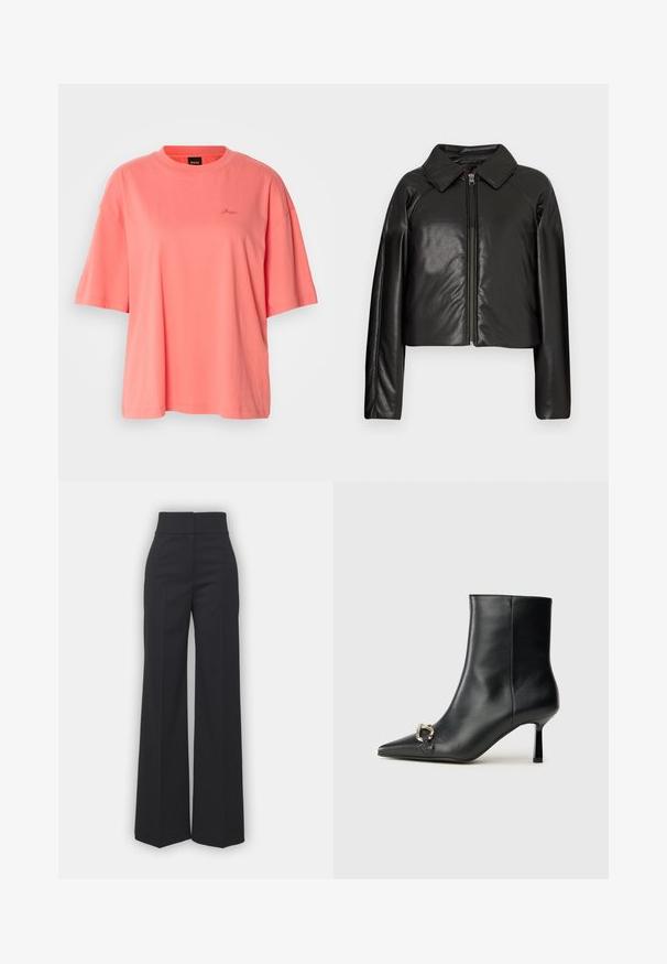 Mustast kunstnahast lühike jakk, millel on kraega kaelus ja tõmblukuga sulgemine. Omab pikki varrukaid ja sujuvat, läikivat tekstuuri.; Koraalne üler suured T-särk, mis on valmistatud pehmest puuvillast, omades ümmargust kaelust ja lühikesi varrukasid, koos õrnalt tikitud logoga rinnal.; Mustad püksid mustast kangast kõrge vöökohaga, millel on puhas viimistlus ja sile tekstuur. Ei mingit nähtavat riistvara ega mustreid.; Must mustanvärvi nahast pahklinetopp, millel on terav nina, peen keskmise kõrgusega konts ja hõbedane keha detail külgedel, taustal lihtne taust.