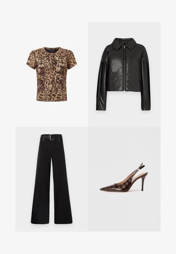 Svart, imitert skinn, cropped jakke med krage og glidelås. Har lange ermer og en jevn, glinsende overflate.; Kortermet T-skjorte med leopardmønster i brune og svarte nyanser. Har rund hals og mykt, lett stoff.; Sorte vidde bukser laget av bomull, med høy midje, store sidelommer og belte med sølv detaljer.; Brune, krokodilleskinn-embossed slingback pumpe med spiss tå, åpne sider og en tynn høy hæl. Designet med en spennejustering.