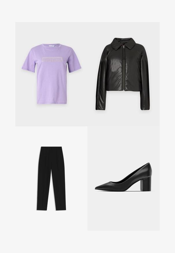 Sort kunstlæder cropped jakke med krave og lynlåslukning. Har lange ærmer og en glat, blank tekstur.; Lilla t-shirt i blødt stof med korte ærmer. Forsiden har et rektangulært logo prydet med rhinsten i en kontrasterende farve.; Sorte bukser med lige pasform, der har dobbelte folder, en glat tekstur og et klassisk taljedesign. Ingen synlige hardware eller accenter.; Sorte læderpumper med spidse tæer og en chunky firkantet hæl. Glat tekstur, enkelt design, velegnet til formelle anledninger.