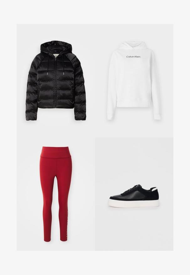 Čierna nadýchaná bunda s kapucňou, s predným zipsom, elastickými manžetami a hladkou, lesklou textúrou. Obsahuje detail loga na hrudi.; Biela mikina z bavlny s prednou klokannou vreckom, dlhými rukávmi a čiernym logom "Calvin Klein" na hrudi.; Červené nohavice na vysoký pás so plnou dĺžkou, s viditeľným bočným švom a čiastočným bielym logom značky na dolnej pravej nohe na bielom pozadí.; Čierne tenisky s hladkou kožou a semišovými panelmi, plochými šnúrkami, zaoblenou špičkou a bielou gumovou podrážkou. Výrazné logo na päte.
