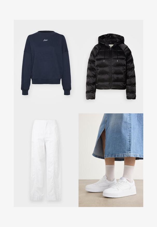Fekete, kapucnis puffkabát, elülső cipzárral, elasztikus mandzsettákkal és sima, fényes felülettel. Mellkasi logó részlet is található rajta.; Sötétkék pulóver, puha pamutból, kerek nyakkal, lecsúsztatott vállakkal és hímzett logóval a mellkason. Lazán illeszkedő fazon, bordázott mandzsettákkal.; Fehér, széles szárú nadrág könnyű anyagból, sima textúrával, letisztult vonalakkal és magasderék kialakítással.; Fehér tornacipők texturált bőrrel, platform talppal, kerek orral és fűzőrendszerrel; világosszürke térdzoknikkal és farmer szoknyával párosítva.