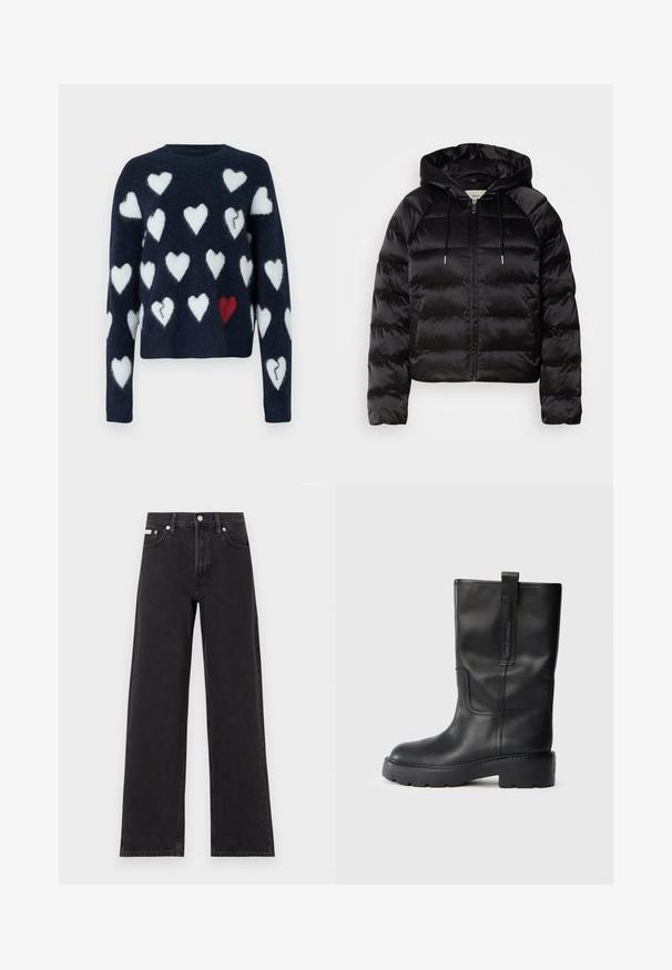 Črna puhovka s kapuco, z zadrgo spredaj, elastičnimi zapestji in gladko, sijajno teksturo. Vključuje podrobnost z logotipom na prsih.; Mornarska pulover iz puhastega materiala, s patternom belih in enega rdečega srca. Okrogli izrez, dolgi rokavi, skrajšan dizajn.; Črne široke jeans hlače iz denima, s poudarjenim pasom, petimi žepi in kovinskim gumbom za zapiranje ter kontrastnim šivanjem.; Črne usnjene ботy do kolen z elegantnim dizajnom, z debelim podplatom in stranskim trakom za enostavno obuvanje. Opozorljive šive.