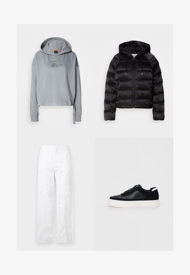 Black puffy jacket with a hood, featuring a zip front, elastic cuffs, and a smooth, glossy texture. Includes logo detail on the chest.; Grey cropped hoodie with a drawstring hood, featuring a textured logo design in silver on the front. Soft fabric, relaxed fit, ribbed cuffs.; White wide-leg trousers made of lightweight fabric, featuring a smooth texture, clean lines, and a high waist design.; Black sneaker with smooth leather and suede panels, flat laces, rounded toe, and a white rubber sole. Distinct logo on the heel.