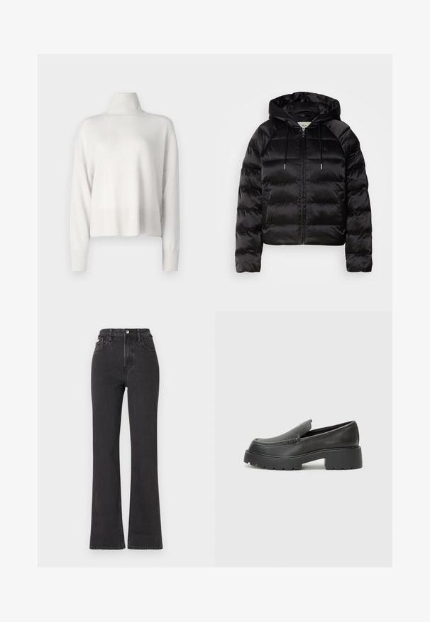 Doudoune noire avec capuche, présentant une fermeture éclair à l'avant, des poignets élastiques et une texture lisse et brillante. Comprend un détail de logo sur la poitrine.; Pull en maille blanche à col roulé avec une coupe décontractée, des manches longues et des poignets et un ourlet côtelés. Texture lisse, matériau léger.; Jean noir taille haute évasé en denim, avec fermeture à bouton, passants de ceinture et poches latérales. Texture lisse avec un minimum de décoloration.; Mocassins en cuir noir avec un bout arrondi, une semelle épaisse et texturée, et des détails de couture minimalistes. Design épuré sans lacets ni métal visibles.