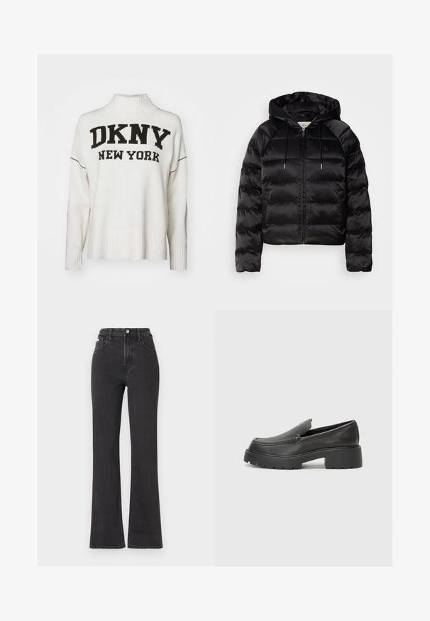 Black puffy jacket with a hood, featuring a zip front, elastic cuffs, and a smooth, glossy texture. Includes logo detail on the chest.; DKNY INTARSIA LOGO TURTLENECK HIGH LOW BOXY SWEATER - Jumper - eggnog/black; Black high-waisted flared jeans made of denim, featuring a button closure, belt loops, and side pockets. Smooth texture with minimal fading.; Black leather loafers with a rounded toe, thick textured sole, and minimal stitching details. Sleek design with no visible laces or hardware.