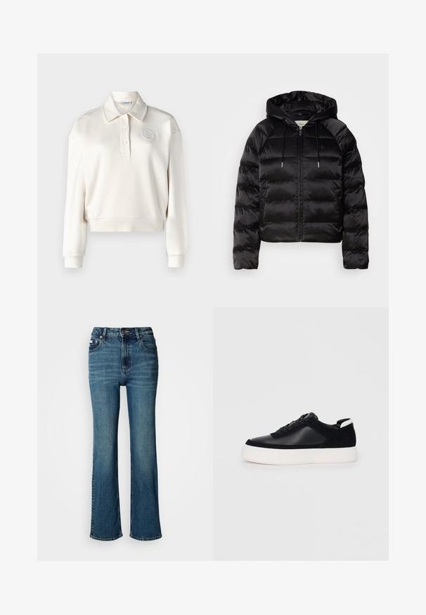 Chaqueta negra acolchada con capucha, con cierre de cremallera en la parte delantera, puños elásticos y una textura suave y brillante. Incluye un detalle de logo en el pecho.; Camisa polo de manga larga color crema, con cuello, tapeta de tres botones y un detalle de logotipo bordado en la parte superior izquierda. Textura suave.; Jeans de tiro alto en azul, confeccionados en denim, con un diseño de pierna recta, un ligero desvanecido y un cierre estándar de botón y cremallera.; Zapatilla negra con paneles de cuero liso y de ante, cordones planos, punta redondeada y una suela de goma blanca. Logotipo distintivo en el talón.