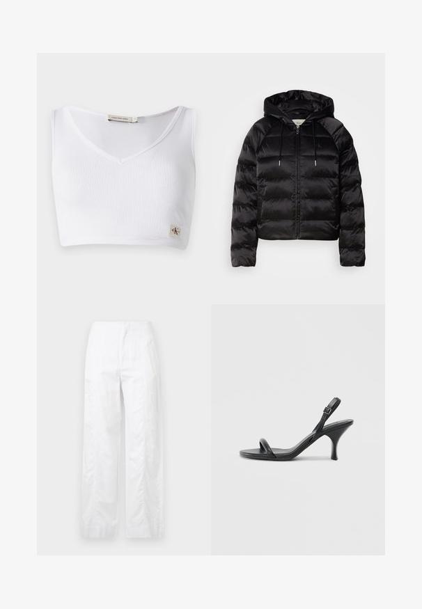 Black puffy jacket with a hood, featuring a zip front, elastic cuffs, and a smooth, glossy texture. Includes logo detail on the chest.; White ribbed bralette featuring a V-neckline, wide shoulder straps, and a small logo tag at the hem. Made from a soft, stretchy fabric.; White wide-leg trousers made of lightweight fabric, featuring a smooth texture, clean lines, and a high waist design.; Black leather high-heeled sandals with a slim, curved heel and a crossed strap design. Adjustable ankle strap. Smooth texture.