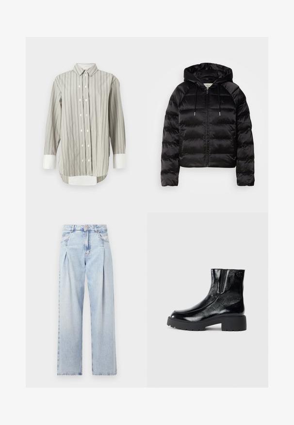 Black puffy jacket with a hood, featuring a zip front, elastic cuffs, and a smooth, glossy texture. Includes logo detail on the chest.; Striped shirt in gray and white, featuring a classic collar, button closure with white buttons, and contrasting white cuffs. Long sleeves.; Light blue denim jeans with a high waist, wide-leg cut, two side pockets, and pleated design feature. Soft texture with a faded finish.; Black ankle boots with a glossy patent leather finish, chunky black rubber sole, and raised heel; includes subtle logo detail on the side.