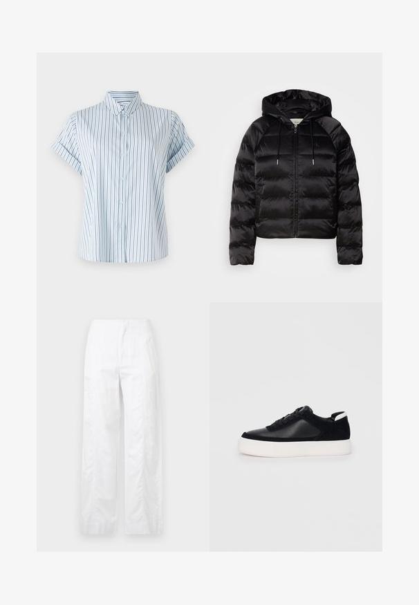 Fekete, kapucnis puffkabát, elülső cipzárral, elasztikus mandzsettákkal és sima, fényes felülettel. Mellkasi logó részlet is található rajta.; Világoskék, rövid ujjú ing függőleges csíkokkal, gombos elülső résszel és klasszikus gallérral, sima anyagból készült.; Fehér, széles szárú nadrág könnyű anyagból, sima textúrával, letisztult vonalakkal és magasderék kialakítással.; Fekete sportcipő sima bőrből és velúr panelekkel, lapos fűzőkkel, kerek orral és fehér gumi talppal. Megkülönböztető logó a sarkán.