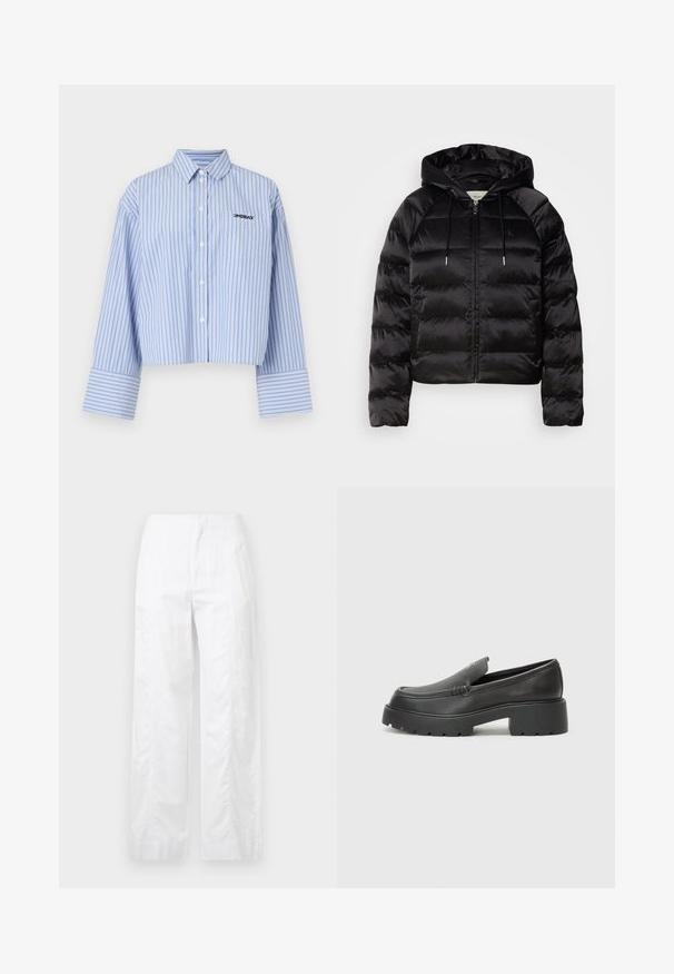 Melnas pūkainas jaka ar kapuci, ar rāvējslēdzēju priekšā, elastīgām piedurknēm un gludu, spīdīgu tekstūru. Satur logo detaļu uz krūtīm.; Kratīta pogas krekls gaiši zilos toņos ar baltām vertikālām svītrām, ar kabatu un logotipu uz krūtīm, izgatavots no gludas auduma.; Baltas, plaša kāju bikses, izgatavotas no viegla auduma, ar gludu tekstūru, tīrām līnijām un augstu jostasvietu.; Melnas ādas mokasīni ar noapaļotu purngalu, biezs teksturēts zoles un minimālas dūriena detaļas. Gluds dizains bez redzamām auklām vai metāla elementiem.