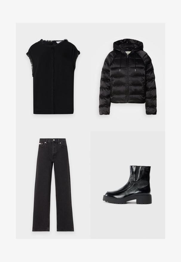 Black puffy jacket with a hood, featuring a zip front, elastic cuffs, and a smooth, glossy texture. Includes logo detail on the chest.; Black top featuring a smooth, soft texture with fringe detailing along the sleeves and neckline. Simple, relaxed silhouette.; Black wide-leg jeans made of denim, featuring a high-rise waist, five-pocket styling, and a metal button closure with contrasting stitching.; Black ankle boots with a glossy patent leather finish, chunky black rubber sole, and raised heel; includes subtle logo detail on the side.