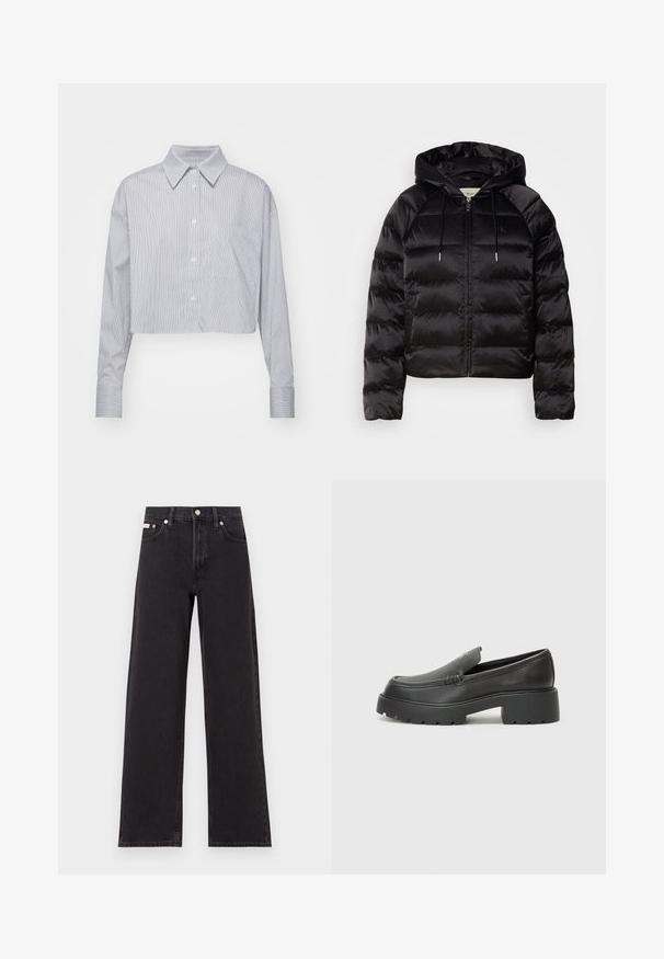 Must mustkade jope kapuutsiga, millel on luku ees, elastsed mansetid ja sujuv, läikiv tekstuur. Sisaldab logo detaili rinnal.; Lühendatud nööpidega särk siniste ja valgete triipudega, klassikalise krae, pikkade varrukate ja ühe rinna taskuga. Sile kangastekstm.; Mustad laiad mustad teksad, millel on kõrge vöökoht, viie tasku stiil ja metallist nööpkinnitus kontrastsete õmblustega.; Mustad nahast loafers ümarate varvastega, paksu tekstuuriga tald ja minimaalsete õmbluse detailidega. Viimistletud disain, kus pole nähtavaid paelu ega riistu.