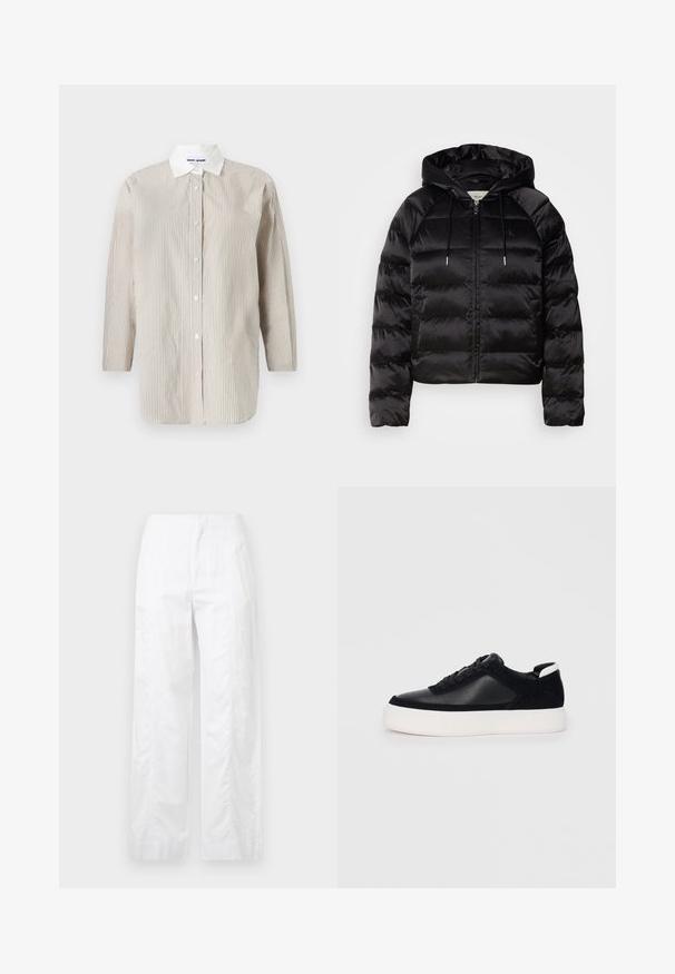 Črna puhovka s kapuco, z zadrgo spredaj, elastičnimi zapestji in gladko, sijajno teksturo. Vključuje podrobnost z logotipom na prsih.; Prugasta dolgi rokav srajca iz lahkotnega materiala, ki ima bel ovratnik in zapiranje s gumbi, z vertikalnimi bež in sivo prugami.; Bela široka hlače iz lahkega materiala, ki se ponašajo z gladko teksturo, čistimi linijami in visokim pasom.; Črne športne copate z gladko usnjeno in semišnimi paneli, ravnimi vezalkami, zaobljenim nosom in belim gumijastim podplatom. Oznaka na peti.