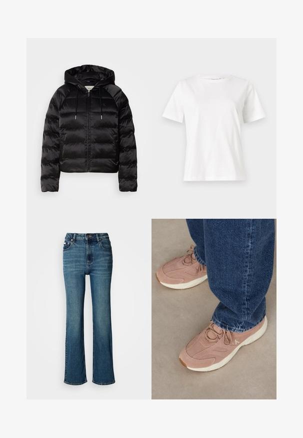 Must mustkade jope kapuutsiga, millel on luku ees, elastsed mansetid ja sujuv, läikiv tekstuur. Sisaldab logo detaili rinnal.; Valge puuvillane T-särk lühikeste varrukatega, ümmarguse kaelusega ja vabalt istuv. Sile tekstuur, ilma mustrite ja aktsentideta, minimalistik disain.; Kõrge vöökohaga sinised teksad, mis on valmistatud denimist, sirge jalaga disain, kerge pleekimine ning tavaline nööp ja tõmblukk.; Heledad roosa spordijalatsid tekstuuriga nubukist pealispinnaga, valge tallaga ja diskreetse brändinguga, koos tumedate siniste teksadega.