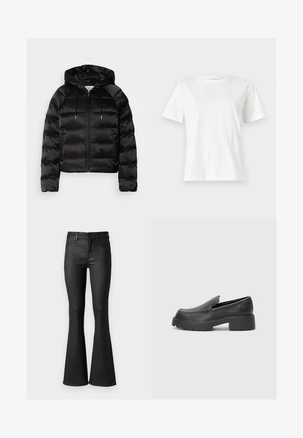 Schwarze, puffy Jacke mit Kapuze, mit Reißverschluss auf der Vorderseite, elastischen Bündchen und einer glatten, glänzenden Textur. Enthält Logodetails auf der Brust.; Weißes Baumwoll-T-Shirt mit kurzen Ärmeln, Rundhalsausschnitt und lockerer Passform. Glatte Textur, keine Muster oder Akzente, minimalistisches Design.; Schwarze Schlagjeans aus einem glatten Denim-Stoff mit einer mittelhohen Taille, Gürtelschlaufen und Fronttaschen. Der Innenbeinlänge weitet sich am Saum.; Schwarze Lederloafer mit einer abgerundeten Spitze, dicker strukturierten Laufsohle und minimalen Nähten. Schlankes Design ohne sichtbare Schnürsenkel oder Beschläge.