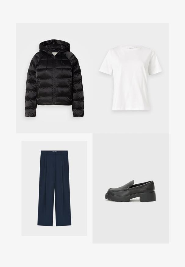 Sort pufferjakke med hætte, med lynlås foran, elastiske ærmer og en glat, blank overflade. Inkluderer logo-detalje på brystet.; Hvid bomulds t-shirt med korte ærmer, rund halsudskæring og en afslappet pasform. Glat tekstur, ingen mønstre eller accenter, minimalistisk design.; Marineblå bukser med vide ben og høj talje, med plisseret design, glat stof og skjult frontlukning.; Sorte læder loafers med rund tå, tyk tekstureret sål og minimale syninger. Elegant design uden synlige snørebånd eller hardware.