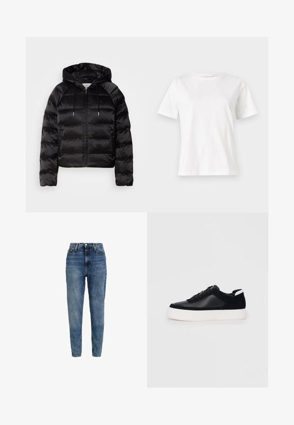 Must mustkade jope kapuutsiga, millel on luku ees, elastsed mansetid ja sujuv, läikiv tekstuur. Sisaldab logo detaili rinnal.; Valge puuvillane T-särk lühikeste varrukatega, ümmarguse kaelusega ja vabalt istuv. Sile tekstuur, ilma mustrite ja aktsentideta, minimalistik disain.; Kõrge vöökoht, sinised denim teksad otse jalgadega disainiga, kerge pleekimisega, ees nupuga kinnitamine ja viie tasku stiil.; Mustad mustad spordijalanõud siledast nahast ja sametist paneelidega, lame nööriga, ümar varvas ja valge kummist tallaga. Erakordne logo kontsas.