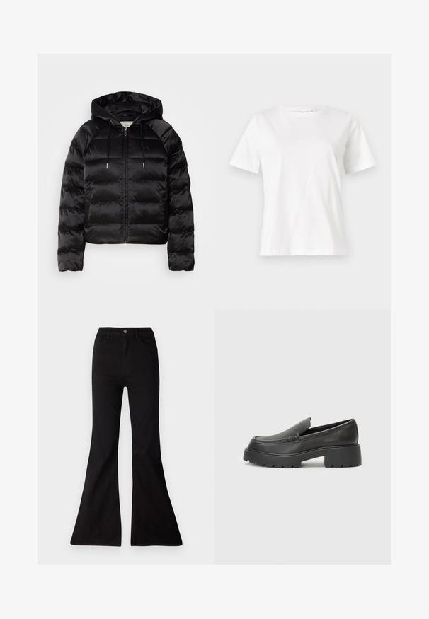 Svart puffy jacka med huva, med dragkedja fram, elastiska ärmslut och en slät, blanka yta. Inkluderar logotypdetalj på bröstet.; Vit bomullströja med korta ärmar, rund halsringning och en avslappnad passform. Slät textur, inga mönster eller detaljer, minimalistisk design.; Svarta utsvängda jeans i denim, med hög midja, framfickor och en stor öppning vid fållen för en vid benprofil.; Svarta läderloafers med rund tå, tjockt strukturerat såle och minimala sömnadsdetaljer. Snygg design utan synliga snören eller beslag.