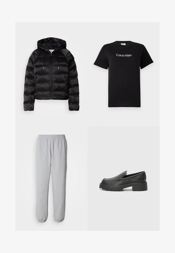 Casaco puffer preto com capuz, apresentando um fecho de correr frontal, punhos elásticos e uma textura suave e brilhante. Inclui detalhe do logótipo no peito.; T-shirt de algodão preto com mangas curtas, apresentando um logótipo branco "Calvin Klein" impresso na parte superior do peito. Design clássico de gola redonda.; Calças de fato cinzentas feitas de um tecido macio e texturizado. Cintura elástica e punhos, apresentando um pequeno logótipo do lado esquerdo.; Mocassins de couro preto com bico arredondado, sola espessa e texturizada, e detalhes de costura minimalistas. Design elegante sem atacadores ou ferragens visíveis.
