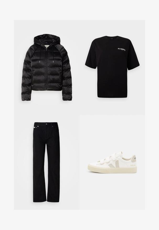 Crna pufasta jakna s kapuljačom, s patent zatvaračem sprijeda, elastičnim manžetama i glatkom, sjajnom teksturom. Sadrži detalj s logotipom na prsima.; Crna pamučna majica s okruglim izrezom, kratkim rukavima i malim bijelim logotipom "ALLSAINTS" na lijevoj strani prsnog koša. Glatka tekstura, opušteni kroj.; Crne traperice ravnog kroja s pet džepova, srebrnim zakovicama i dugmetom na spratu. Tkanina ima glatku, blago teksturiranu površinu.; Bijele tenisice s čičak trakama, akcenti od antilopa u bež boji, teksturirana gumena podloga i V logo u sivoj boji. Minimalistički dizajn, zaobljen oblik.