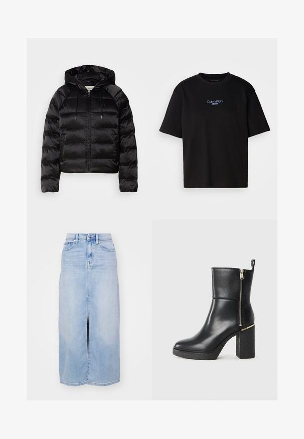Crna pufasta jakna s kapuljačom, s patent zatvaračem sprijeda, elastičnim manžetama i glatkom, sjajnom teksturom. Sadrži detalj s logotipom na prsima.; Crna pamučna majica s okruglim izrezom, kratkim rukavima i plavim izvezenim logom "Calvin Klein JEANS" na prednjoj strani.; Svijetloplavi traper suknja s prednjim prorezom, dizajnom s pet džepova i kopčanjem na gumbe. Tkanina ima glatku, blago izblijedjelu teksturu.; Crne gležnjače od glatke kože, s bočnim zatvaračem i teksturiranim blok petom. Model bez kopčanja s zaobljenim vrhom.