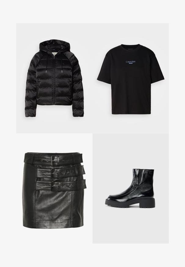 Zwarte pufferjack met capuchon, met een rits aan de voorkant, elastische manchetten en een soepele, glanzende textuur. Inclusief logo-opdruk op de borst.; Zwart katoenen T-shirt met ronde hals, korte mouwen en blauw geborduurd "Calvin Klein JEANS" logo op de voorkant.; Zwarte leren minirok met meerdere brede riemen met gespen en metalen ooggaten. Gladde textuur met gestructureerd ontwerp.; Zwarte enkellaarsjes met een glanzende lakleren afwerking, chunky zwarte rubberen zool en verhoogde hak; inclusief subtiele logo-detail aan de zijkant.