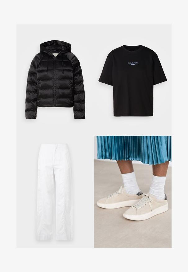 Melnas pūkainas jaka ar kapuci, ar rāvējslēdzēju priekšā, elastīgām piedurknēm un gludu, spīdīgu tekstūru. Satur logo detaļu uz krūtīm.; Melna kokvilnas T-kreklu ar apaļu kaklu, īsām piedurknēm un zilu izšūtu "Calvin Klein JEANS" logo priekšpusē.; Baltas, plaša kāju bikses, izgatavotas no viegla auduma, ar gludu tekstūru, tīrām līnijām un augstu jostasvietu.; Beige zamšādas sporta apavi ar baltu gumijas zoli un auklu dizainu. Akcentēti ar strukturēto melno aizmugures cilpiņu. Nēsāti ar baltām ribotām zeķēm.