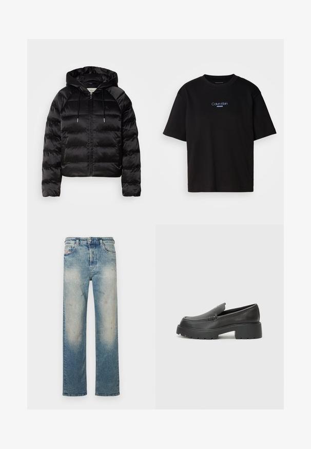 Juodas pūkuotas džemperis su gaubtu, turi užtrauktuką priekyje, elastingus rankogalius ir lygų, blizgų paviršių. Ant krūtinės yra logotipo detalė.; Juodas medvilnės marškinėliai su apykakle, trumpomis rankovėmis ir mėlynai siuvinėtu "Calvin Klein JEANS" logotipu priekyje.; Šviesiai mėlynos džinsinės kelnės su tiesia kojų siluetu, nudėvėtu paviršiumi, lengvomis dėvėjimosi žymėmis ir klasikiniu penkių kišenių stiliumi.; Juodi odiniai loaferiai su apvaliu pirštu, storu tekstūruotu padu ir minimaliu siūlių dekoru. Išskirtinis dizainas be matomų raištelių ar furnitūros.