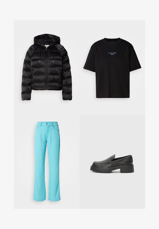 Zwarte pufferjack met capuchon, met een rits aan de voorkant, elastische manchetten en een soepele, glanzende textuur. Inclusief logo-opdruk op de borst.; Zwart katoenen T-shirt met ronde hals, korte mouwen en blauw geborduurd "Calvin Klein JEANS" logo op de voorkant.; Lichtblauwe, wijde spijkerbroek van denim. Beschikt over een knoop- en ritsluiting, vijf zakken en gestikte details aan de zoom.; Zwarte leren instappers met een ronde neus, dikke getextureerde zool en minimale stikseldetails. Strak ontwerp zonder zichtbare veters of hardware.