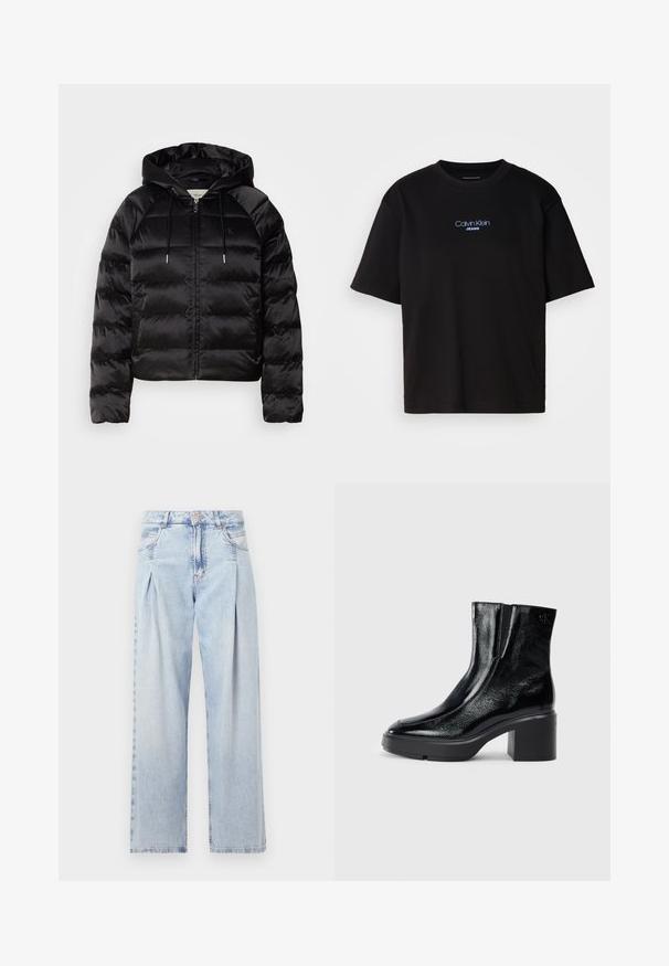 Crna pufasta jakna s kapuljačom, s patent zatvaračem sprijeda, elastičnim manžetama i glatkom, sjajnom teksturom. Sadrži detalj s logotipom na prsima.; Crna pamučna majica s okruglim izrezom, kratkim rukavima i plavim izvezenim logom "Calvin Klein JEANS" na prednjoj strani.; Svijetloplavi traperice s visokim strukom, širokim krojem, dva bočna džepa i naboranim dizajnom. Mekana tekstura s izblijedjelim završetkom.; Crne lakirane gležnjače s zakrivljenim prstom, elastičnim bočnim panelima i masivnom blok petom. Sadrže urezani logo na leđima.