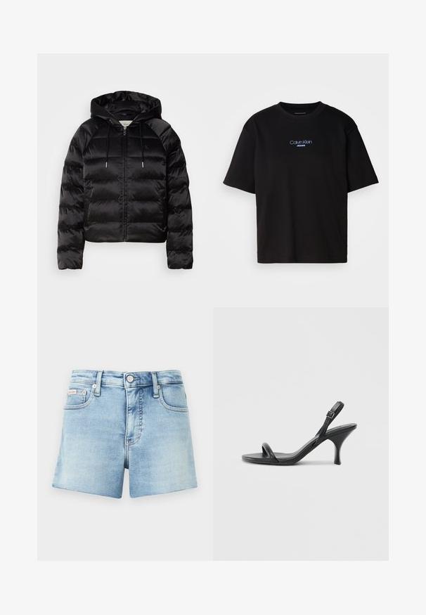 Juodas pūkuotas džemperis su gaubtu, turi užtrauktuką priekyje, elastingus rankogalius ir lygų, blizgų paviršių. Ant krūtinės yra logotipo detalė.; Juodas medvilnės marškinėliai su apykakle, trumpomis rankovėmis ir mėlynai siuvinėtu "Calvin Klein JEANS" logotipu priekyje.; Šviesiai mėlyni džinsiniai šortai su prigludusia juosmens linija, penkių kišenių dizainu ir sagčių uždarymu. Nusidėvėjusia tekstūra su tvarkinga, klasikinio kirpimo išvaizda.; Juodos odinės aukštakulnės šlepetės su plonu, kreiviu kulnu ir kryžminiu dirželio dizainu. Reguliuojamas kulkšnies dirželis. Lygus paviršius.