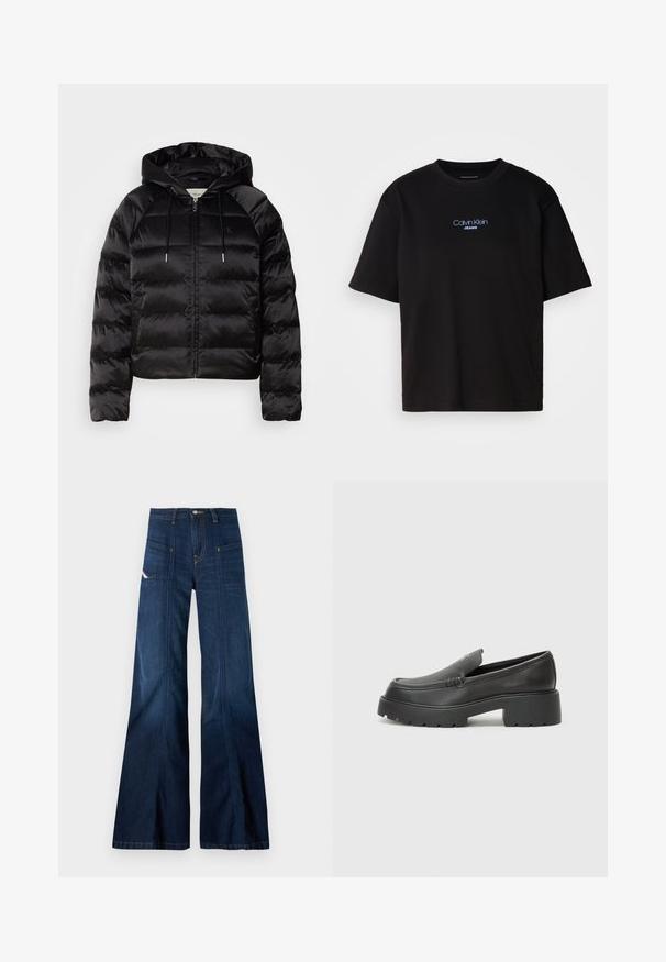 Casaco puffer preto com capuz, apresentando um fecho de correr frontal, punhos elásticos e uma textura suave e brilhante. Inclui detalhe do logótipo no peito.; T-shirt preta de algodão com gola redonda, mangas curtas e logo bordado azul "Calvin Klein JEANS" na parte da frente.; Jeans de flare azul escuro com uma cintura alta, grandes bolsos frontais e costura em contraste. Apresenta um fecho de botão e um tecido de denim texturizado.; Mocassins de couro preto com bico arredondado, sola espessa e texturizada, e detalhes de costura minimalistas. Design elegante sem atacadores ou ferragens visíveis.