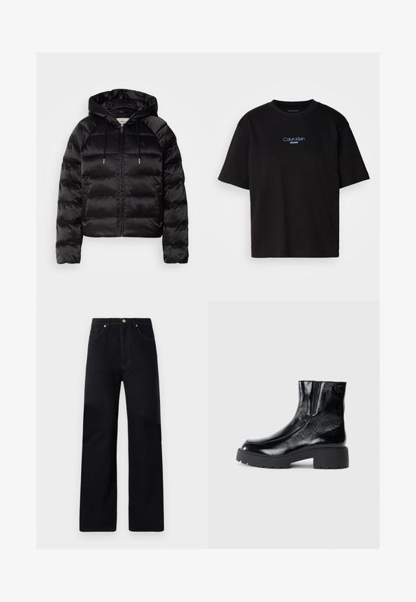 Must mustkade jope kapuutsiga, millel on luku ees, elastsed mansetid ja sujuv, läikiv tekstuur. Sisaldab logo detaili rinnal.; Mustmust särk ümmarguse kaelusega, lühikeste varrukatega ja sinise tikandiga "Calvin Klein JEANS" logo ees.; Mustadest denimist püksid sirge lõikega, kõrge vöökohaga, viie taskuga, kuldsete detailidega ja peente õmbluselementidega.; Mustad mustad tossud läikiva patendi nahaga viimistlusega, jäme musta kummist tald ja kõrgendatud konts; sisaldab külgedel peent logodegust.