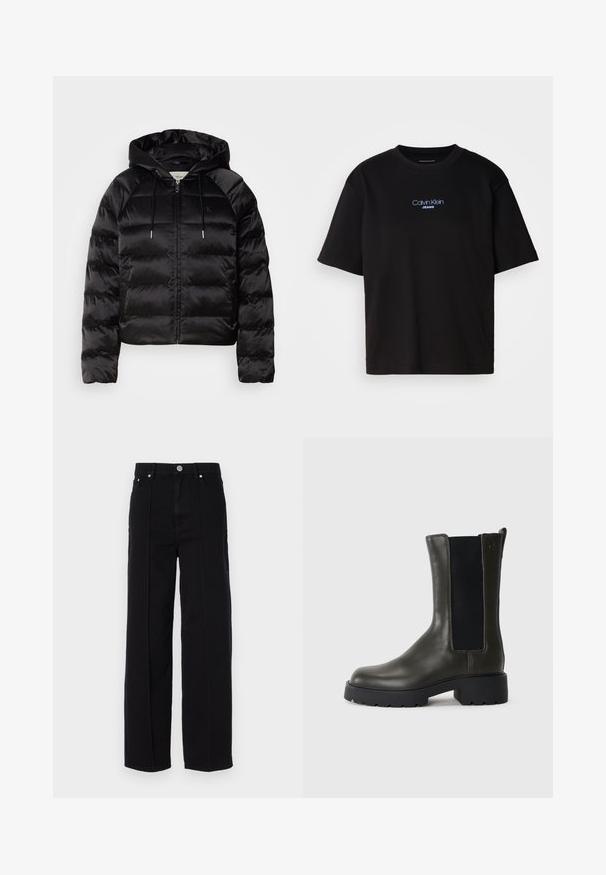 Jachetă pufosă neagră, cu glugă, cu fermoar în față, mansete elastice și o textură netedă, lucioasă. Include detalii cu logo pe piept.; Tricou din bumbac negru cu guler rotund, mâneci scurte și logo-ul brodat în albastru "Calvin Klein JEANS" pe față.; Pantaloni largi din denim negru cu talie înaltă, dotati cu cinci buzunare, închidere cu buton metalic și detalii cu cusături drepte pe laturi.; Botine verzi din piele cu panouri elastice pe laterale, vârf rotund și talpă din cauciuc. Încălțămintea are un finisaj texturat și un toc pătrat.