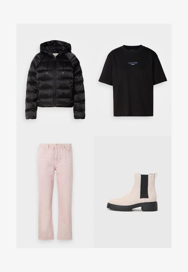Black puffy jacket with a hood, featuring a zip front, elastic cuffs, and a smooth, glossy texture. Includes logo detail on the chest.; Black cotton t-shirt with a round neck, short sleeves, and blue embroidered "Calvin Klein JEANS" logo on the front.; Light pink denim jeans with a straight cut, five pockets, and a zip fly. Features stitching details and silver-tone hardware accents.; Beige suede Chelsea boot with black elastic side panel, chunky black sole, and pull tab at ankle.