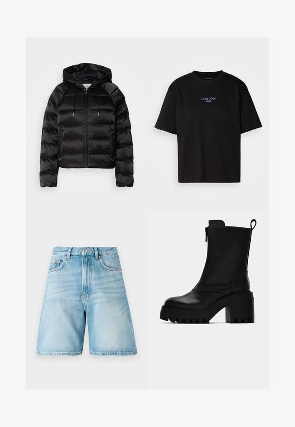 Schwarze, puffy Jacke mit Kapuze, mit Reißverschluss auf der Vorderseite, elastischen Bündchen und einer glatten, glänzenden Textur. Enthält Logodetails auf der Brust.; Schwarzes Baumwoll-T-Shirt mit Rundhalsausschnitt, kurzen Ärmeln und blau gesticktem "Calvin Klein JEANS"-Logo auf der Vorderseite.; Hellblaue Denim-Shorts mit lässiger Passform, die über fünf Taschen, Gürtelschlaufen und eine abgedunkelte Textur verfügen. Der Saum ist gerade und genäht.; Schwarze Lederstiefelette mit derben Profilsohle, Blockabsatz, seitlichem Reißverschluss und Zugschlaufe auf der Rückseite vor weißem Hintergrund.