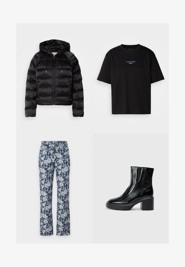 Černá nadýchaná bunda s kapucí, s předním zipem, elastickými manžetami a hladkým, lesklým povrchem. Obsahuje detail loga na hrudi.; Černé bavlněné tričko s kulatým výstřihem a krátkými rukávy, s modrou vyšitou nášivkou "Calvin Klein JEANS" na přední straně.; Džíny s květinovým potiskem na tmavě modrém pozadí s světle modrými květinami. Jsou vyrobeny z denimu, mají rovný střih nohou a pět kapes.; Černé lakované kotníkové boty s zakřivenou špičkou, elastickými bočními panely a robustním blokovým podpatkem. Na zadní straně se nachází embosované logo.