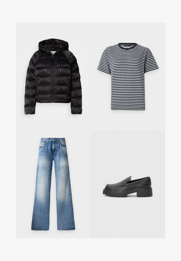 Casaco puffer preto com capuz, apresentando um fecho de correr frontal, punhos elásticos e uma textura suave e brilhante. Inclui detalhe do logótipo no peito.; T-shirt às riscas com riscas horizontais em preto e branco, decote redondo e mangas curtas. Feita de tecido leve e macio.; Jeans de perna larga azul claro em material de denim, com lavagem desbotada, ligeiras desgastes, design clássico de cinco bolsos e fecho com botão.; Mocassins de couro preto com bico arredondado, sola espessa e texturizada, e detalhes de costura minimalistas. Design elegante sem atacadores ou ferragens visíveis.
