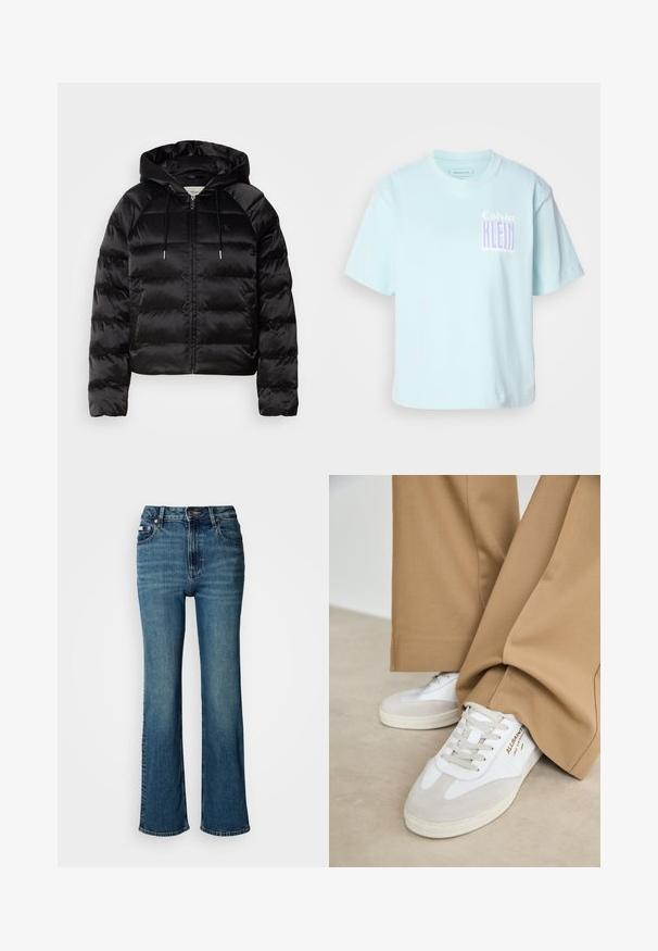Zwarte pufferjack met capuchon, met een rits aan de voorkant, elastische manchetten en een soepele, glanzende textuur. Inclusief logo-opdruk op de borst.; Lichtblauw katoenen T-shirt met een ronde hals en korte mouwen. Heeft een grafisch ontwerp met "Calvin Klein" in paars op de voorkant.; Hogwaardige blauwe jeans van denim, met een rechtzittend ontwerp, subtiele vervaging en een standaard knoop- en ritssluiting.; Witte sneakers met suède accenten, gestructureerde veters en een rubberen zool. Gecombineerd met losse beige broek. Logo zichtbaar aan de zijkant.