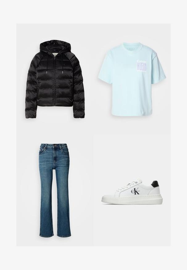 Svart puffy jacka med huva, med dragkedja fram, elastiska ärmslut och en slät, blanka yta. Inkluderar logotypdetalj på bröstet.; Ljusblå bomullströja med rund hals och korta ärmar. Har en grafisk design med "Calvin Klein" i lila på framsidan.; Högmidjade blå jeans i denim, med raka ben, subtil blekning och standardknapp- samt dragkedjestängning.; Vit lågtopp sneakers med svart hälflik, platåsål, snörning och Calvin Klein "CK" logotyp på sidan.