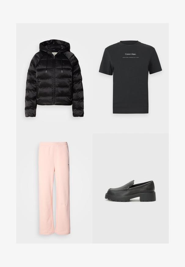 Casaco puffer preto com capuz, apresentando um fecho de correr frontal, punhos elásticos e uma textura suave e brilhante. Inclui detalhe do logótipo no peito.; T-shirt de algodão preto com decote redondo, mangas curtas e logotipo "Calvin Klein" impresso em branco, acompanhado do texto "Established 1968".; Calças de treino cor-de-rosa em algodão com um design de pernas largas, cintura elástica e detalhes de costura mínimos. Apresenta uma pequena etiqueta de logotipo de um lado.; Mocassins de couro preto com bico arredondado, sola espessa e texturizada, e detalhes de costura minimalistas. Design elegante sem atacadores ou ferragens visíveis.