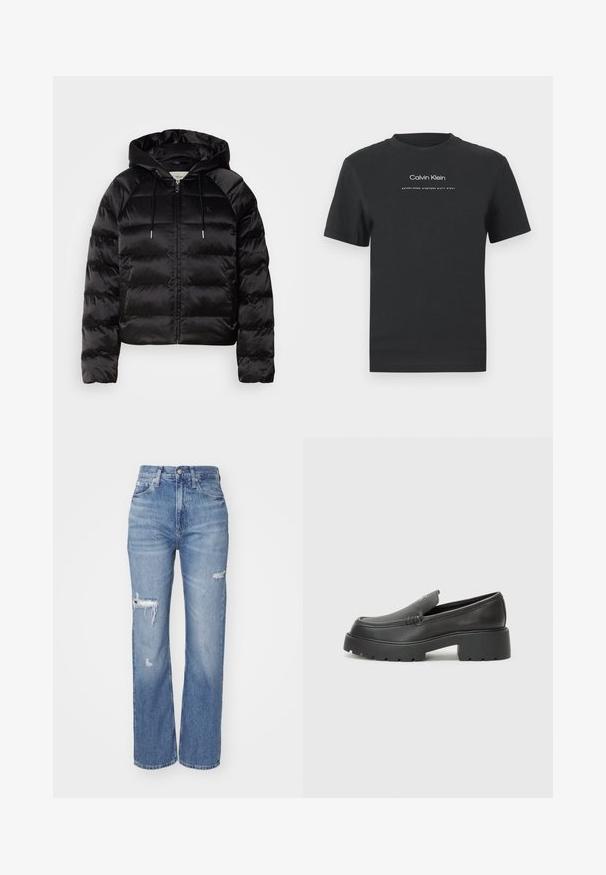 Melnas pūkainas jaka ar kapuci, ar rāvējslēdzēju priekšā, elastīgām piedurknēm un gludu, spīdīgu tekstūru. Satur logo detaļu uz krūtīm.; Melna kokvilnas T-kreklā ar apaļu apkakli, īsām piedurknēm un baltu uzdrukātu "Calvin Klein" logotipu un tekstu "Izveidots 1968".; Gai zili augsta jostasvieta džinsi, kas izgatavoti no denima, ar nodiluma detalizāciju uz ceļgaliem un taisnu kāju griezumu.; Melnas ādas mokasīni ar noapaļotu purngalu, biezs teksturēts zoles un minimālas dūriena detaļas. Gluds dizains bez redzamām auklām vai metāla elementiem.